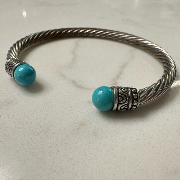 Silver Cable Bracelet with Faux Turquoise - Adjustable Silver Tone Cable Cuff - Picture 10 of 13